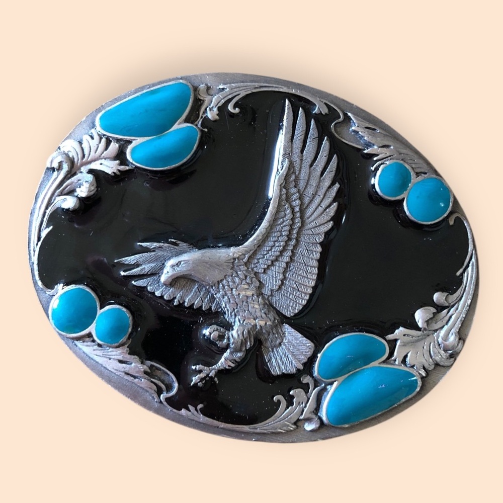 SISKIYOU Vintage 1994 Eagle Turquoise Enamel H-7 Belt Buckle Western USA